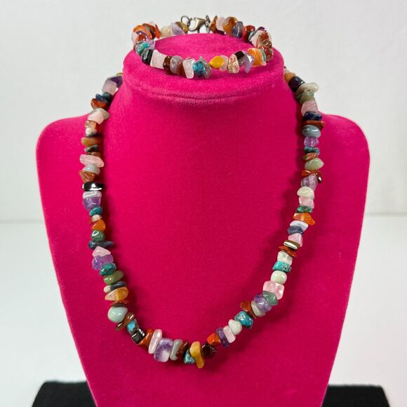 Vintage Chipped Stone Necklace and Bracelet | SE 925 | Multicolor - Picture 8 of 8